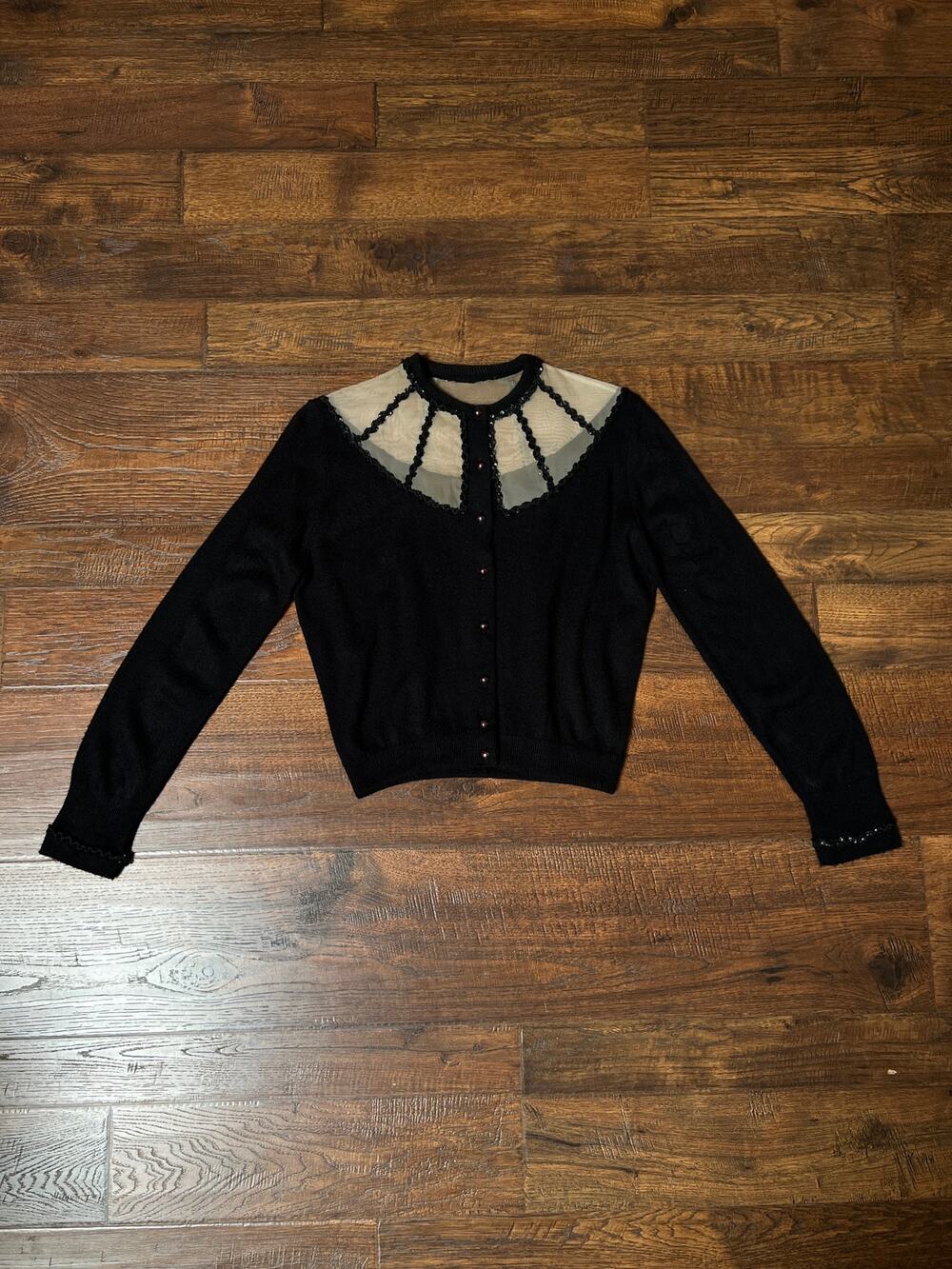 Vintage 1960s Knit Cardigan Black Sheer Illusion Sequin Yoke Metal Buttons MED